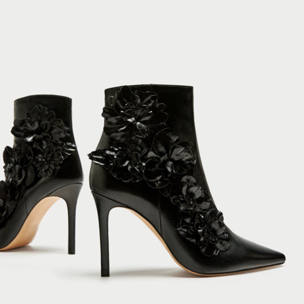 NWT Zara Leather Heel Booties With Floral Trim
